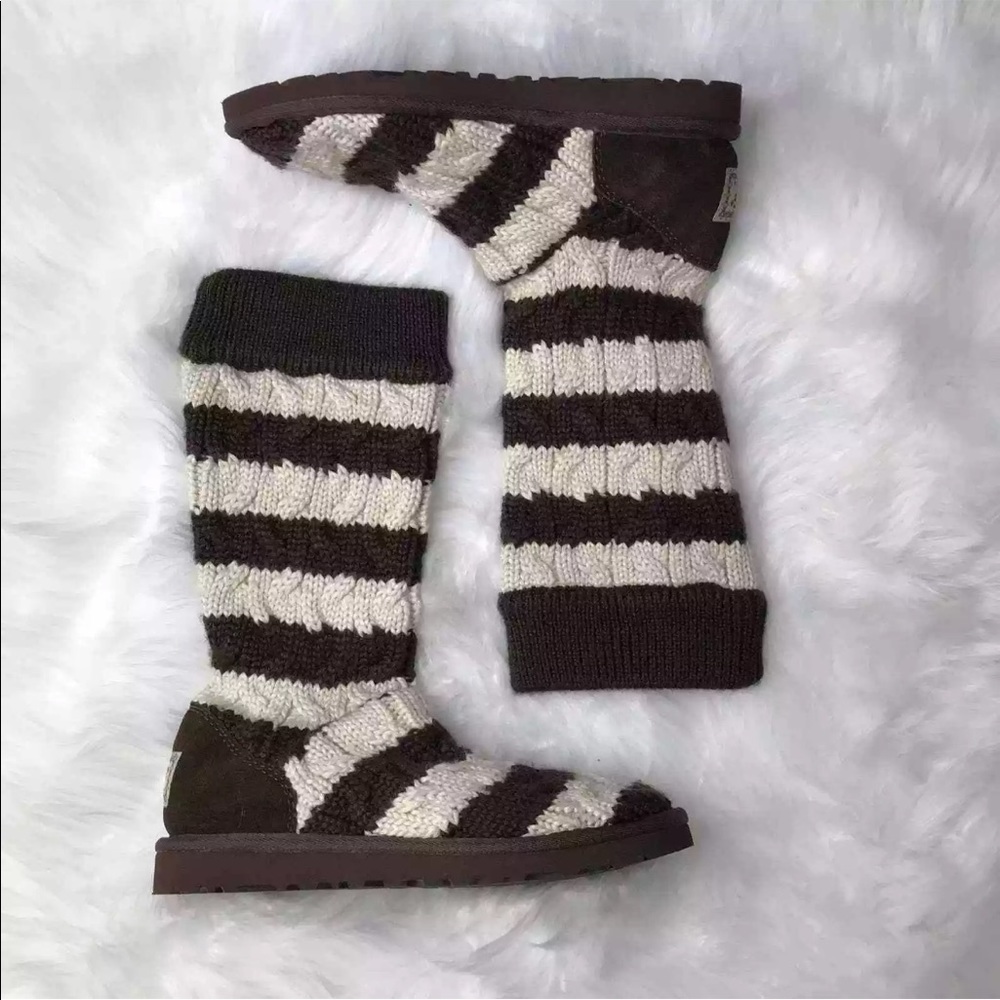 UGG Striped Knit Sock Boots Brown/Cream | 8 EUC